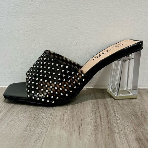 So me rhinestone black netted mule heels with clear chunky block heel sz 7 NWT - Picture 4 of 9